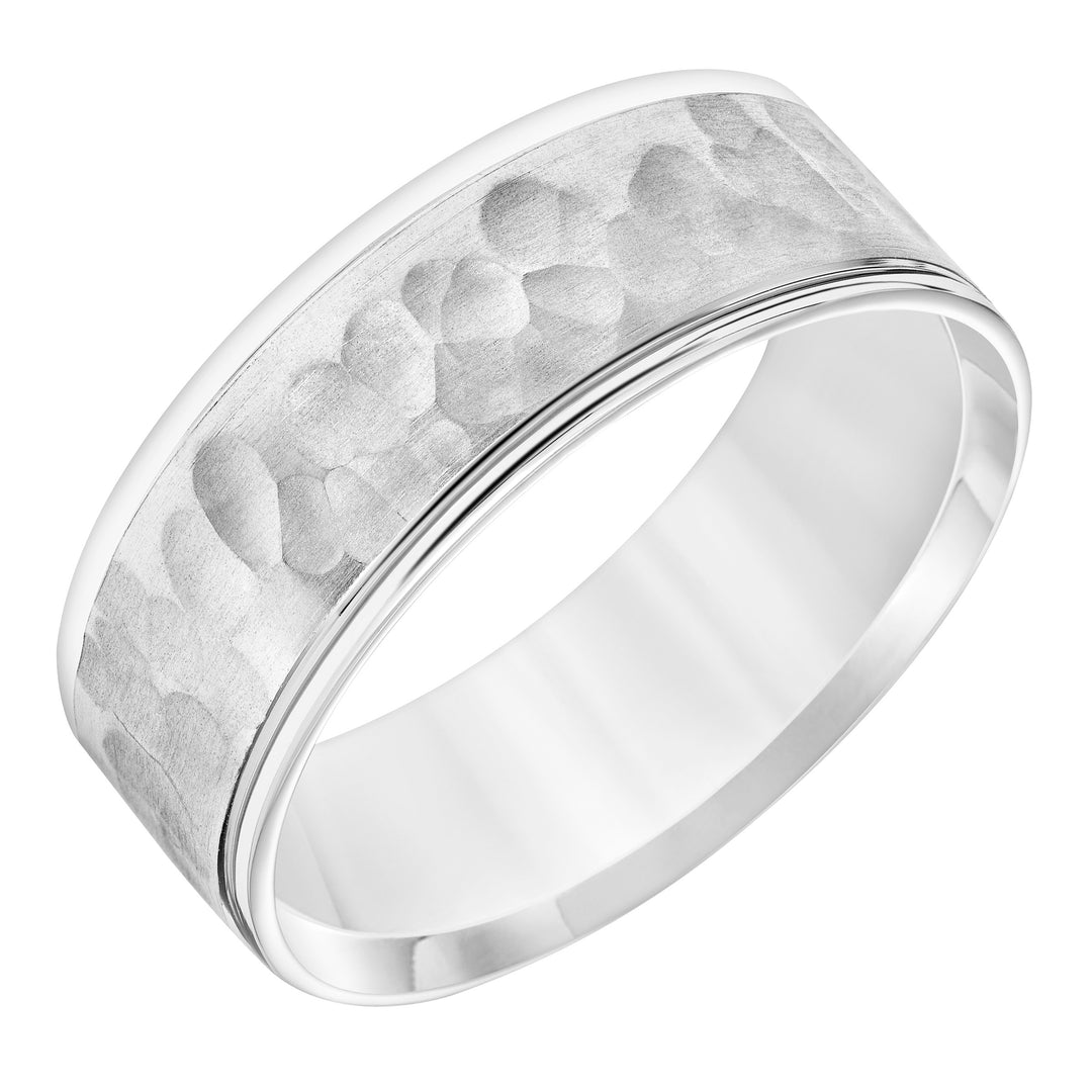 Mens Comfort Fit Wedding Band with Hammered Brush Finish and Polished Round Edge Please note hand hammered styles will have slight variations due to the nature of the manufacturing process