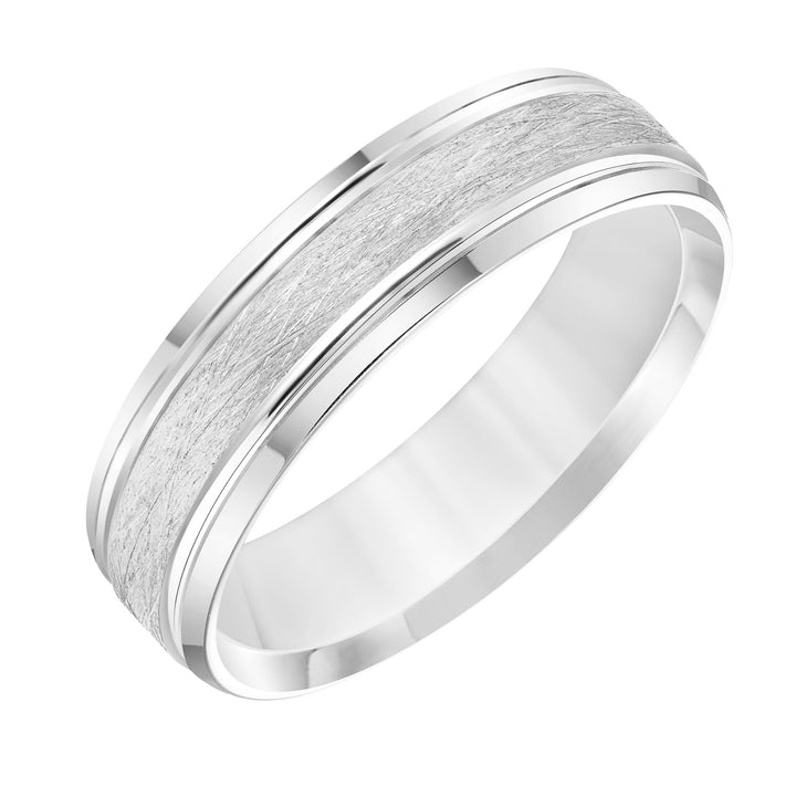 Mens Comfort Fit Wedding Band with Wire Finish and Polished Side Lines and Polished Bevel Edge
