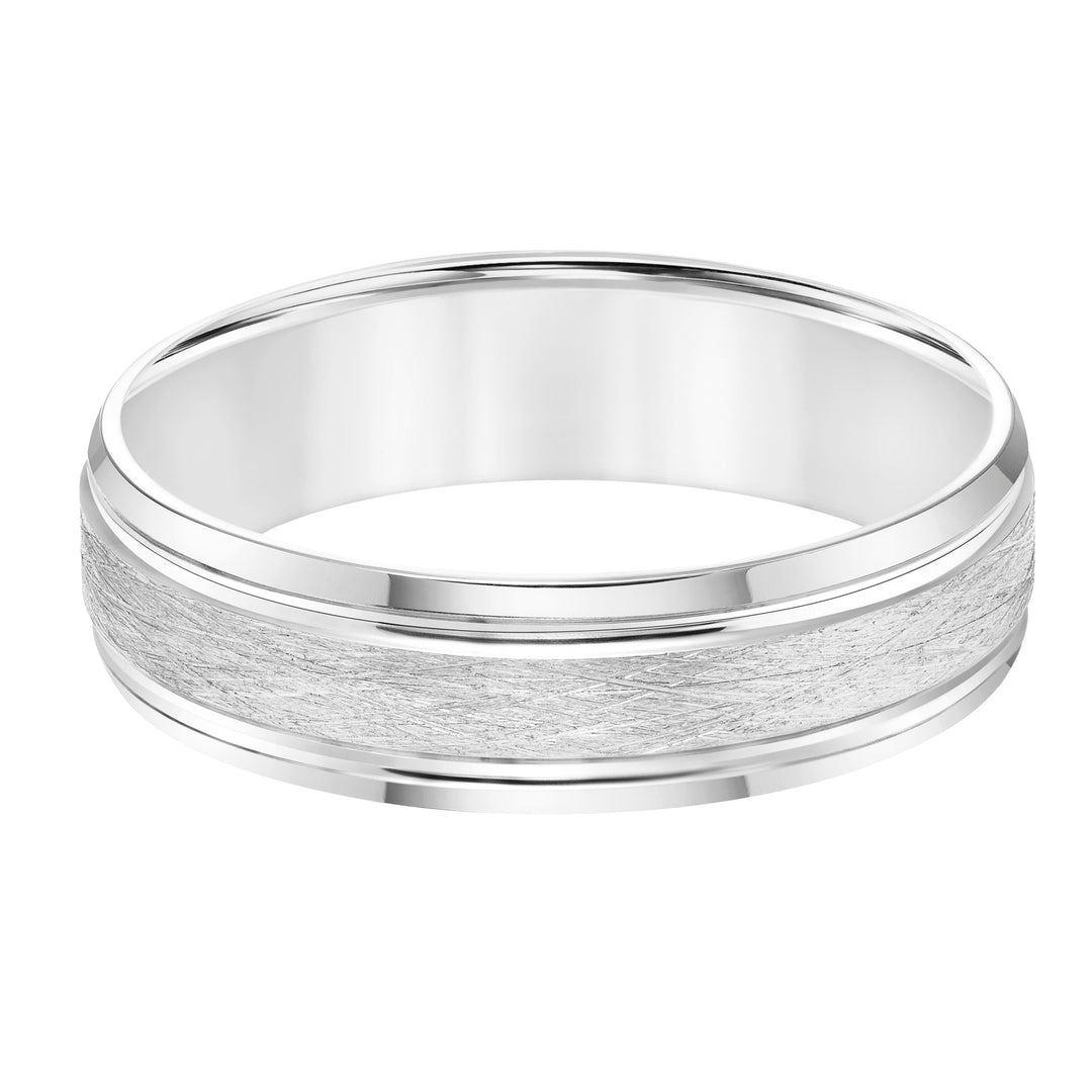 Mens Comfort Fit Wedding Band with Wire Finish and Polished Side Lines and Polished Bevel Edge
