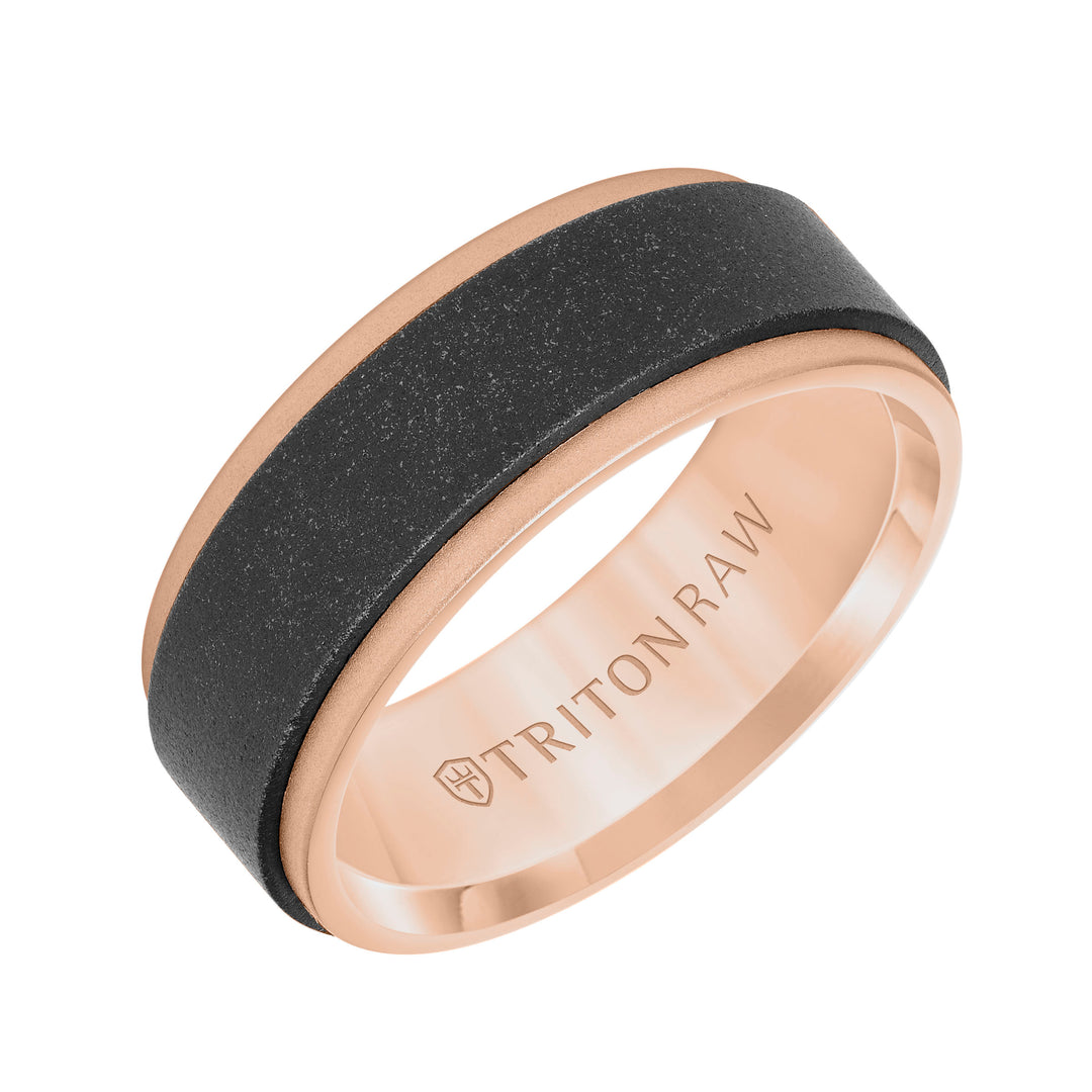 11-RAW0129RBC8-G.00 - Goldman - 8MM Tungsten RAW Black DLC + 14K Rose Gold Ring - Flat Profile and Step Edge