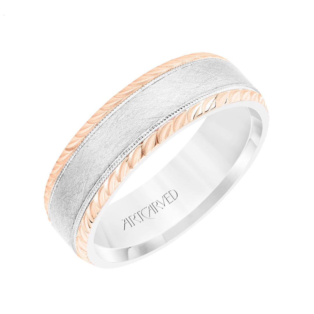 11-WV8791WR7-G.00 - Goldman - Mens Wedding Band with Domed Crystalline Finish Center with Milgrain and Leaf Design Beveled Edge