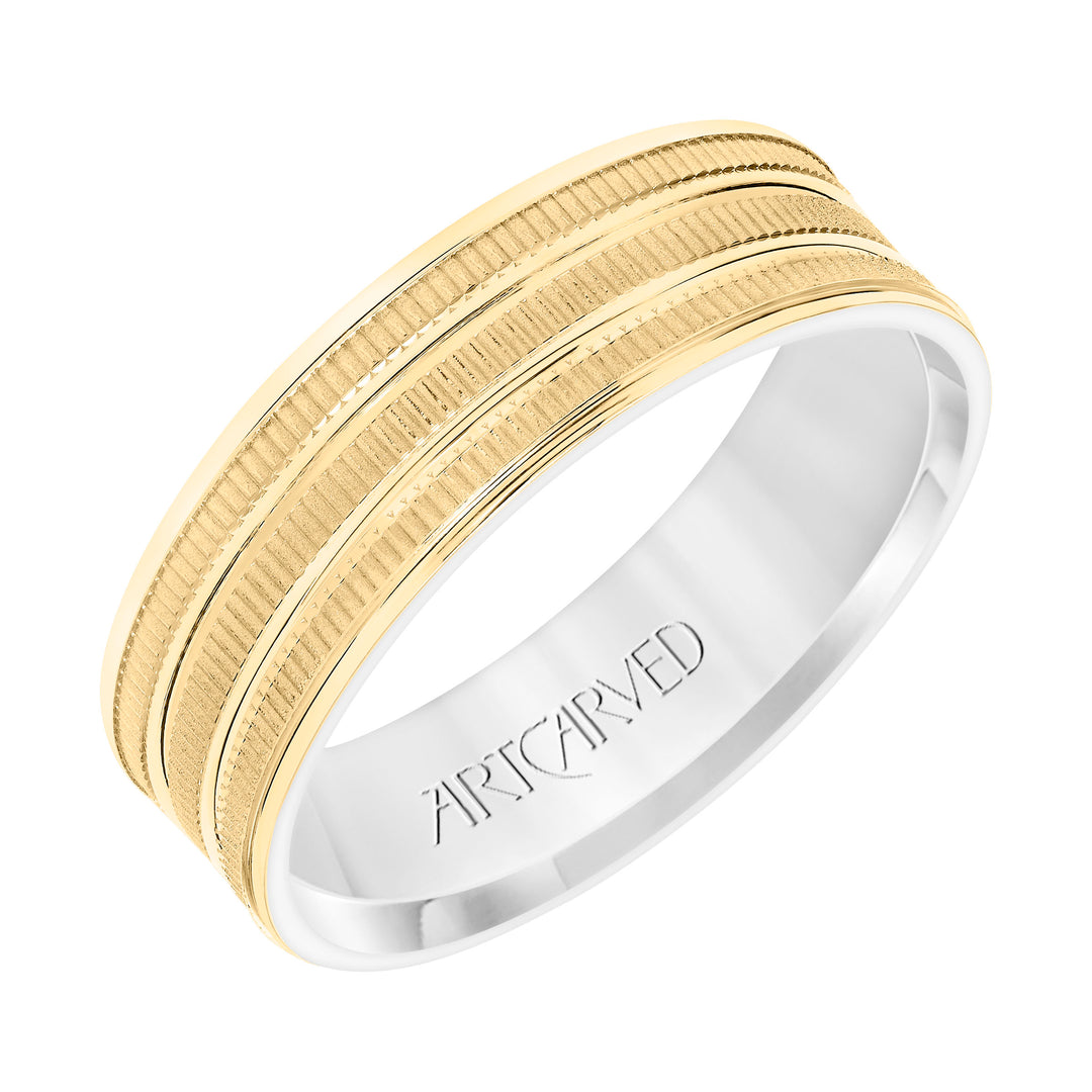 11-WV8830YW65-G.00 - Goldman - Mens Comfort Fit Wedding Band with Yellow Gold Exterior with Coin Finish with Polished Flat Cuts and Polished Flat Edge with White Gold Interior