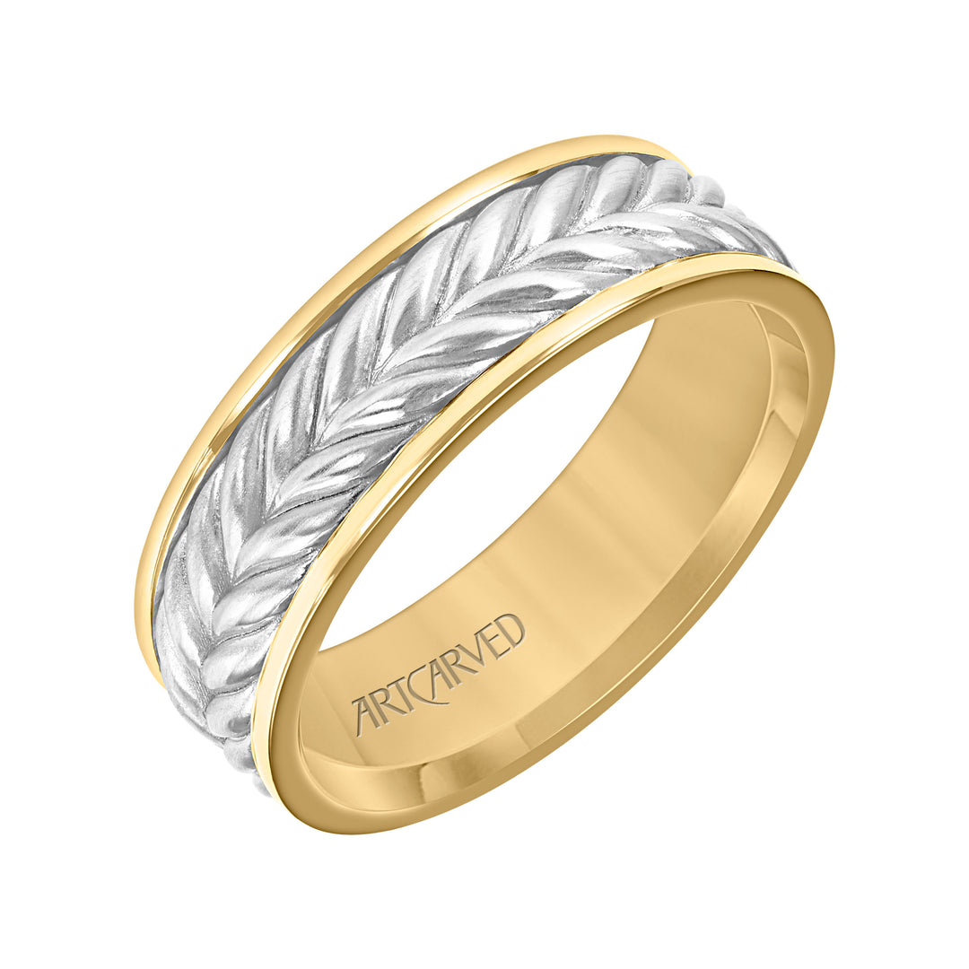 11-WV9215YW7-G.00 - Goldman - 7MM Mens Wedding Band -  Brushed Finish with Braided Center Design and Round Edge