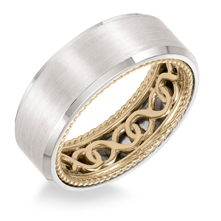 Mens Wedding Band with infinity pattern with rope edge inside and flat profile with bevel edge. Available in multiple white, yellow and rose gold color combinations.