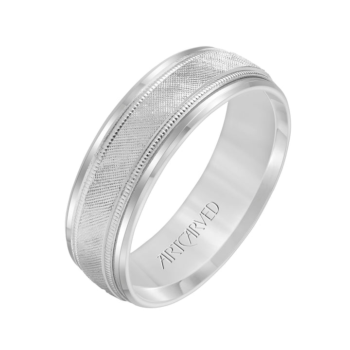 Comfort Fit, engraved wedding band with textured design, milgrain and beveled edges