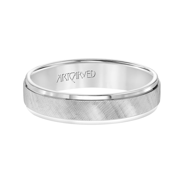 Comfort Fit, engraved wedding band with textured design, and rolled edges