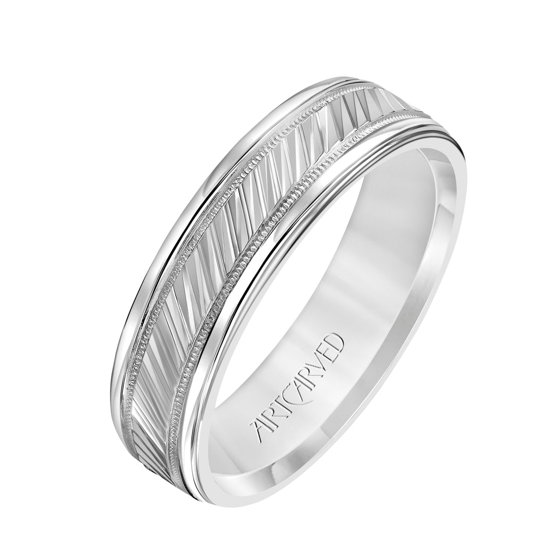 Comfort Fit wedding band with diagonal engraved design, milgrain and rolled edges