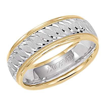 Comfort Fit wedding band with engraved design, milgrain and rolled edges