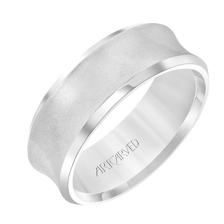 Comfort Fit, engraved wedding band with beveled edges and satin finish