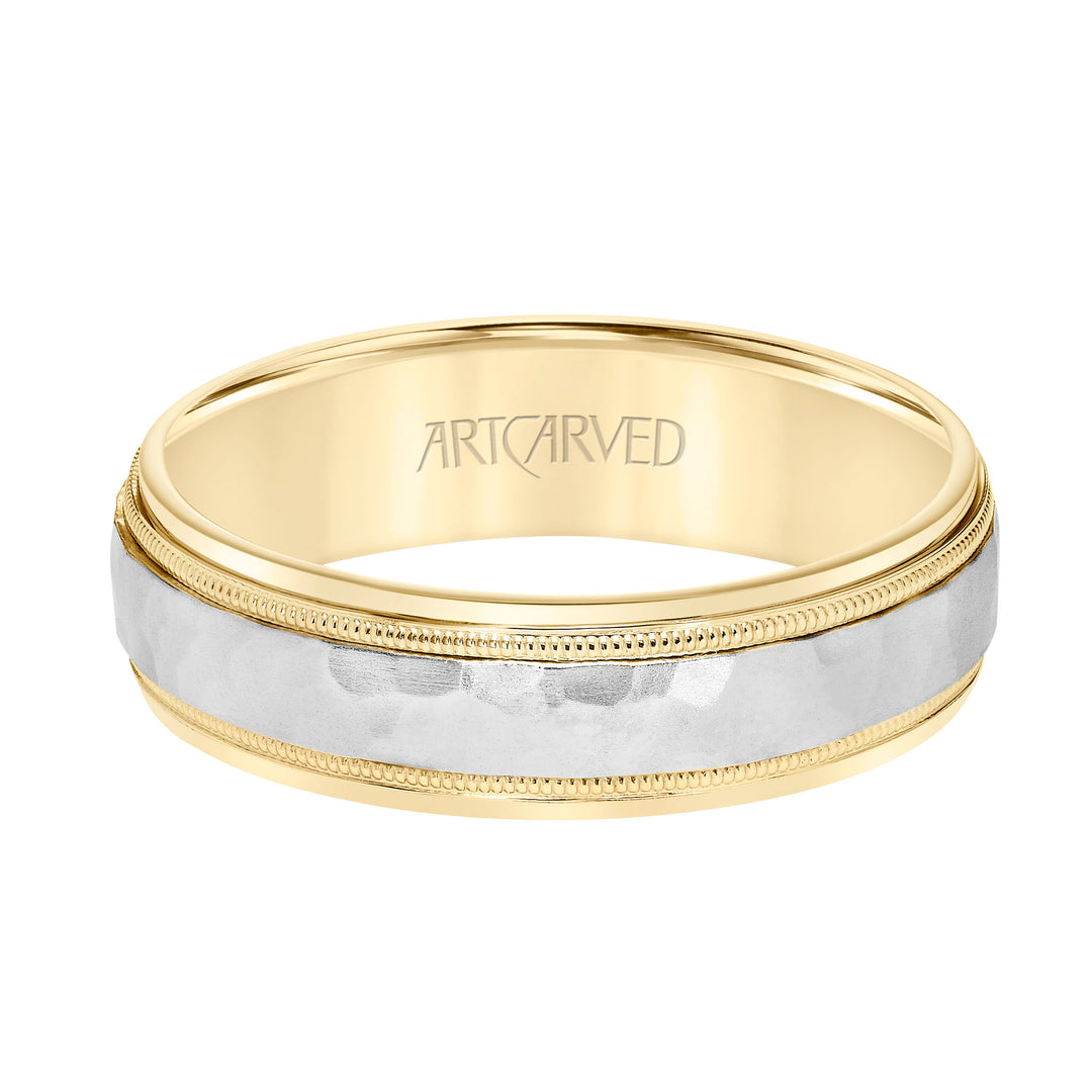 Comfort Fit two tone wedding band with hammered inlay Please note hand hammered styles will have slight variations due to the nature of the manufacturing process