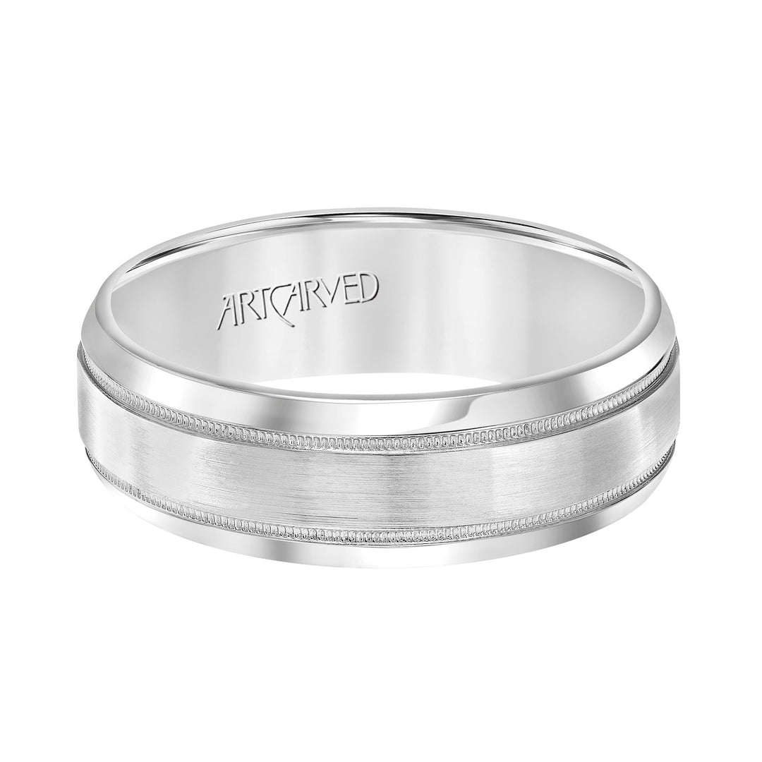 Comfort Fit wedding band with brushed finish, milgrain and rolled edges