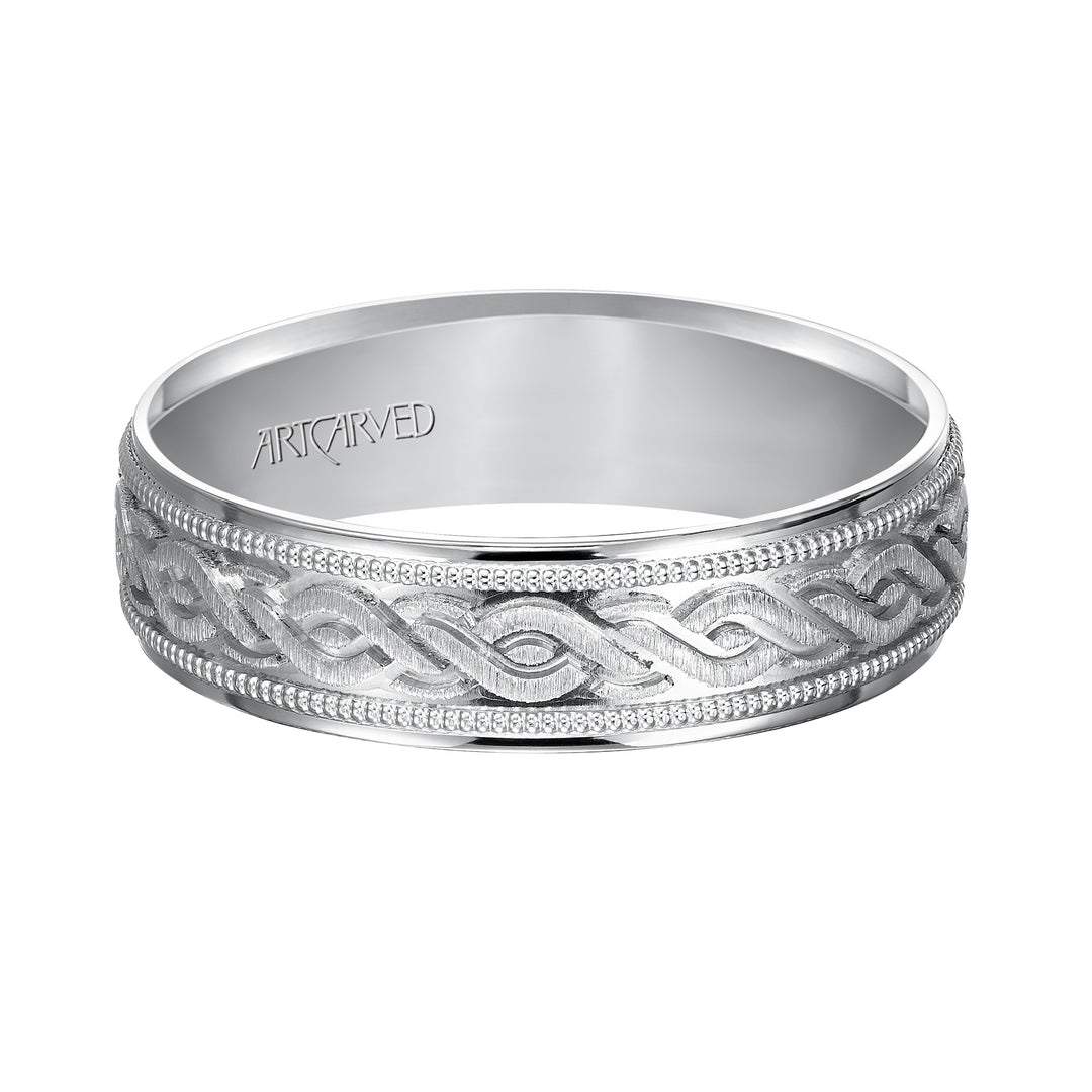 Comfort Fit, engraved wedding band with milgrain detail and flat edgess