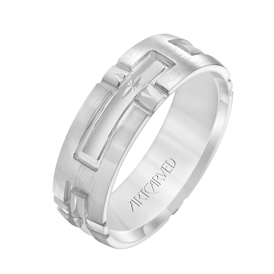 Comfort Fit wedding band with engraved cross design