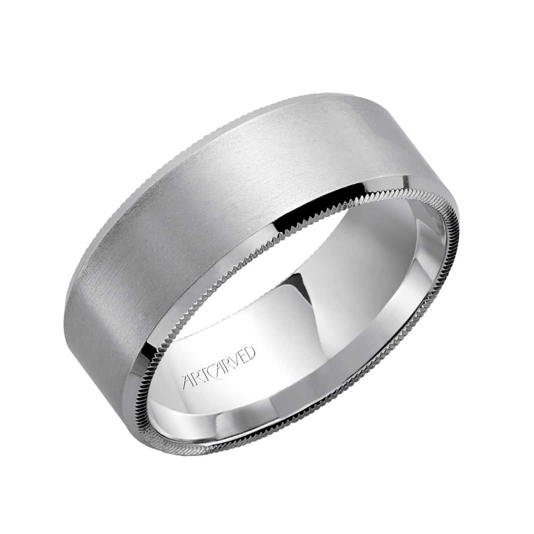 Comfort Fit, engraved wedding band with satin finish and detailed edges
