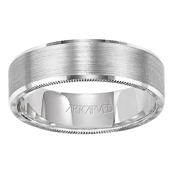 Comfort Fit, engraved wedding band with satin finish and detailed edges