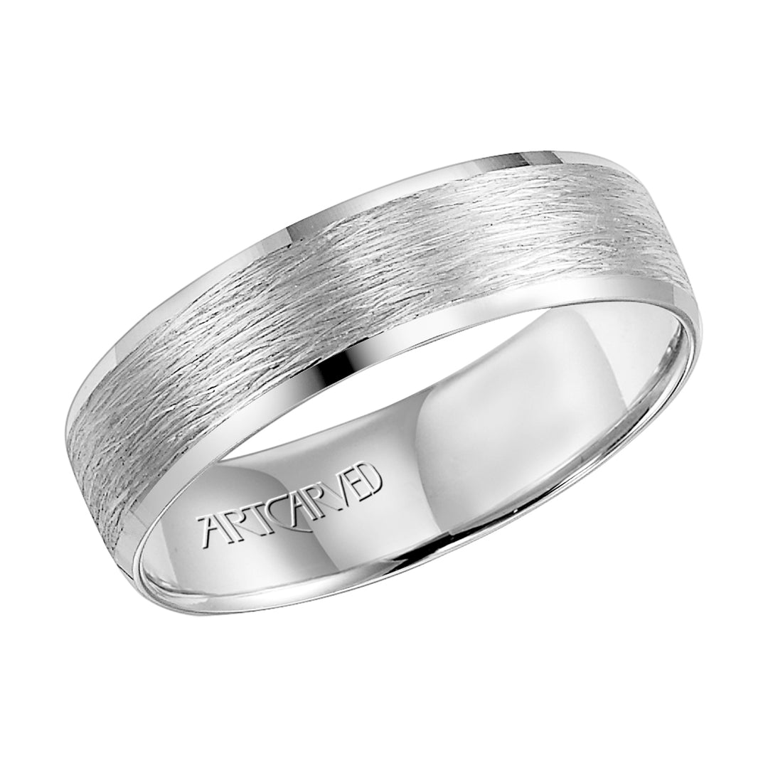 Lightweight, engraved wedding band with wire finish