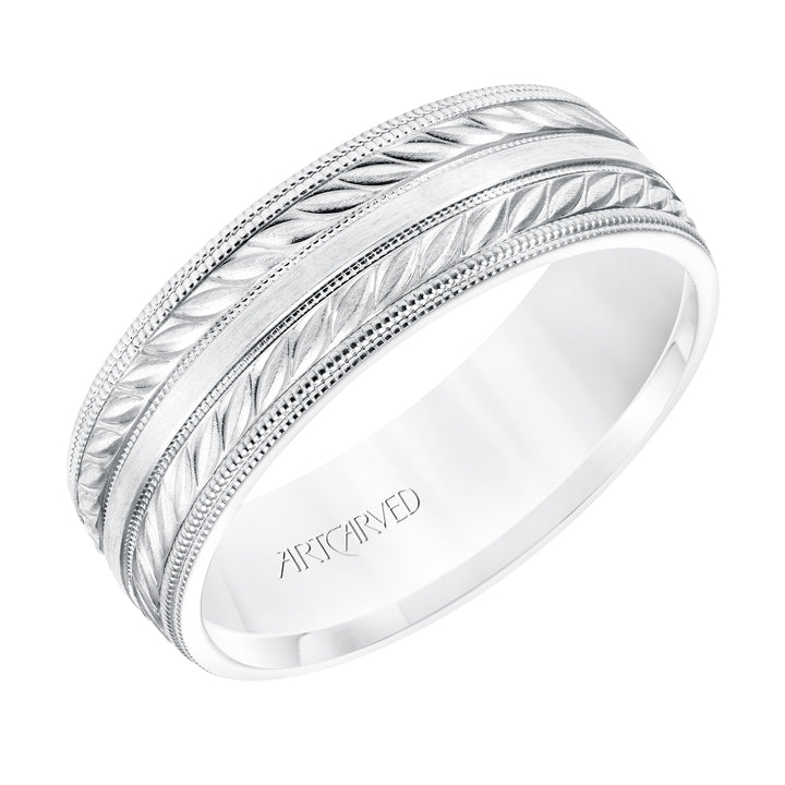 7MM Comfort Fit Wedding Band with a Wheat Motif and Milgrain Accent with Milgrain Edges