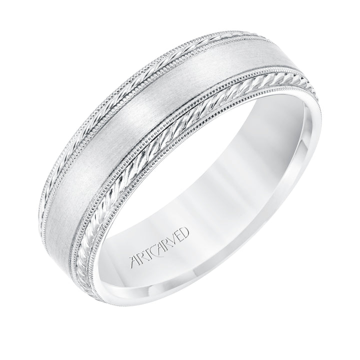 6.5 MM Comfort Fit Wedding Band with Satin Finish, Rope and Milgrain Accent with Milgrain Edges