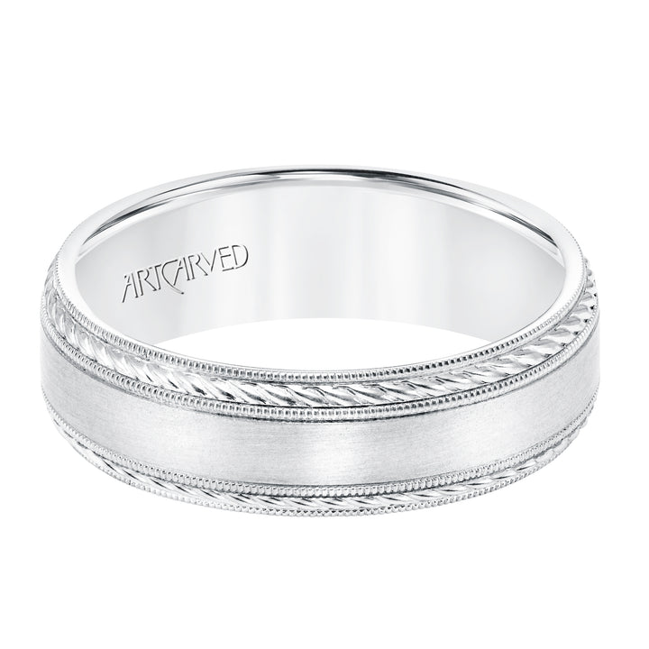 6.5 MM Comfort Fit Wedding Band with Satin Finish, Rope and Milgrain Accent with Milgrain Edges