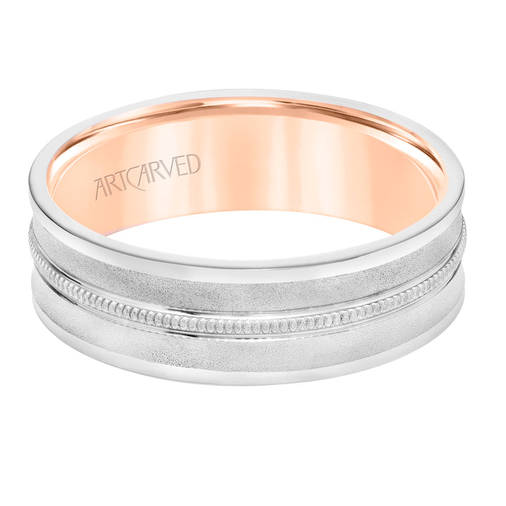 Mens Comfort Fit Wedding Band with Concave Design, White Gold Exterior with Milgrain Center with Polished Flat Edge and Rose Gold Interior