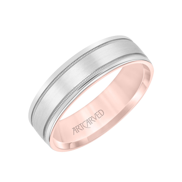 Mens Comfort Fit Wedding Band with Rose Gold Exterior with Brushed Center with Milgrain Accents and Polished Round Edge with White Gold Interior