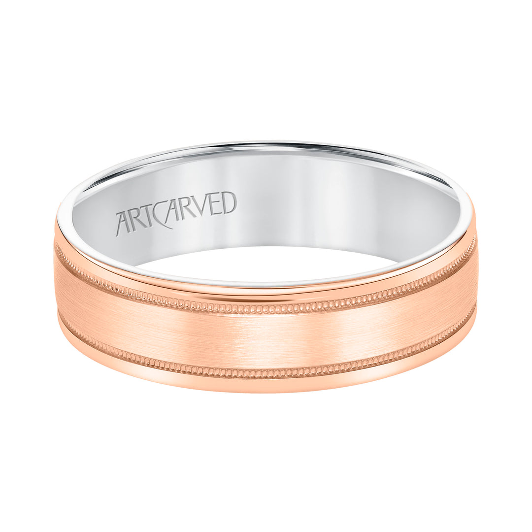 Mens Comfort Fit Wedding Band with Rose Gold Exterior with Brushed Center with Milgrain Accents and Polished Round Edge with White Gold Interior