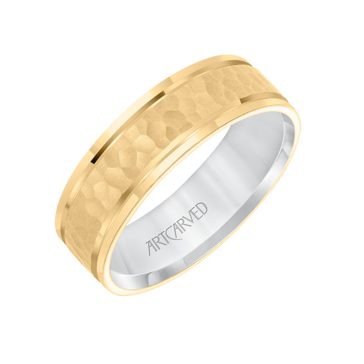 Mens Comfort Fit wed Band with Yellow Gold Exterior with brushd Finish and hammerd Texture Center with Polished Flat Edge and White Gold Interior Pls note hand hammerd styles will have slight variations due to the nature of the manufacturing process