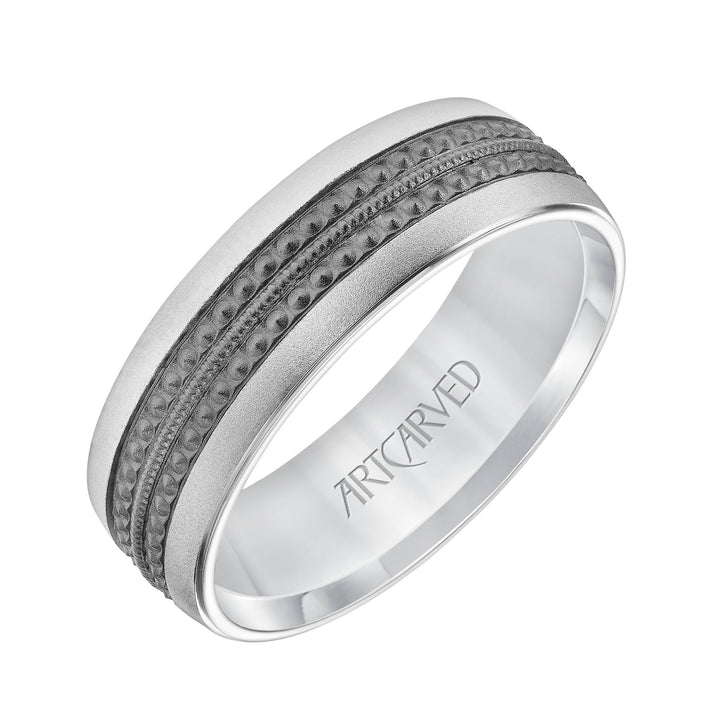 Mens Comfort Fit Wedding Band with Matt Finish and Textured Black Rhodium Center with Milgrain Accents and Polished Flat Edge