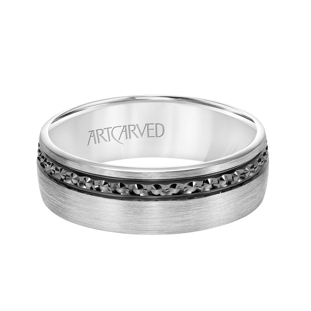 Mens Comfort Fit Wedding Band with High Polished Textured Black Rhodium and Satin/Soft Sand Finish Center