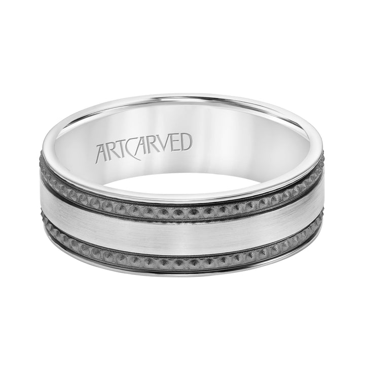 7MM Comfort Fit Wedding Band with Satin/Soft Sand Center and Textured Black Rhodium Detail
