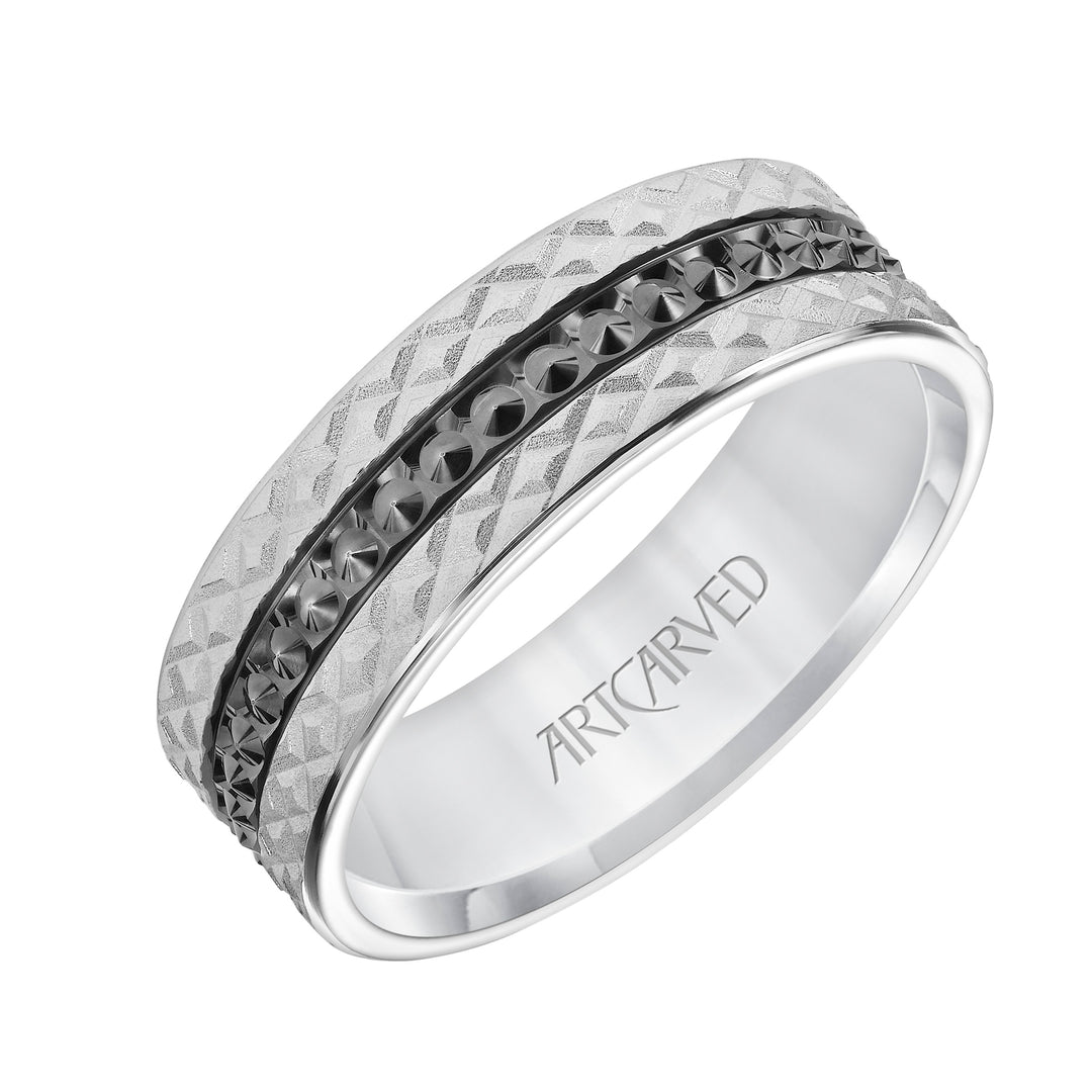 Mens Comfort Fit Wedding Band with Criss Cross Satin/Soft Sand Engraved Design and Polished Textured Black Rhodium Center