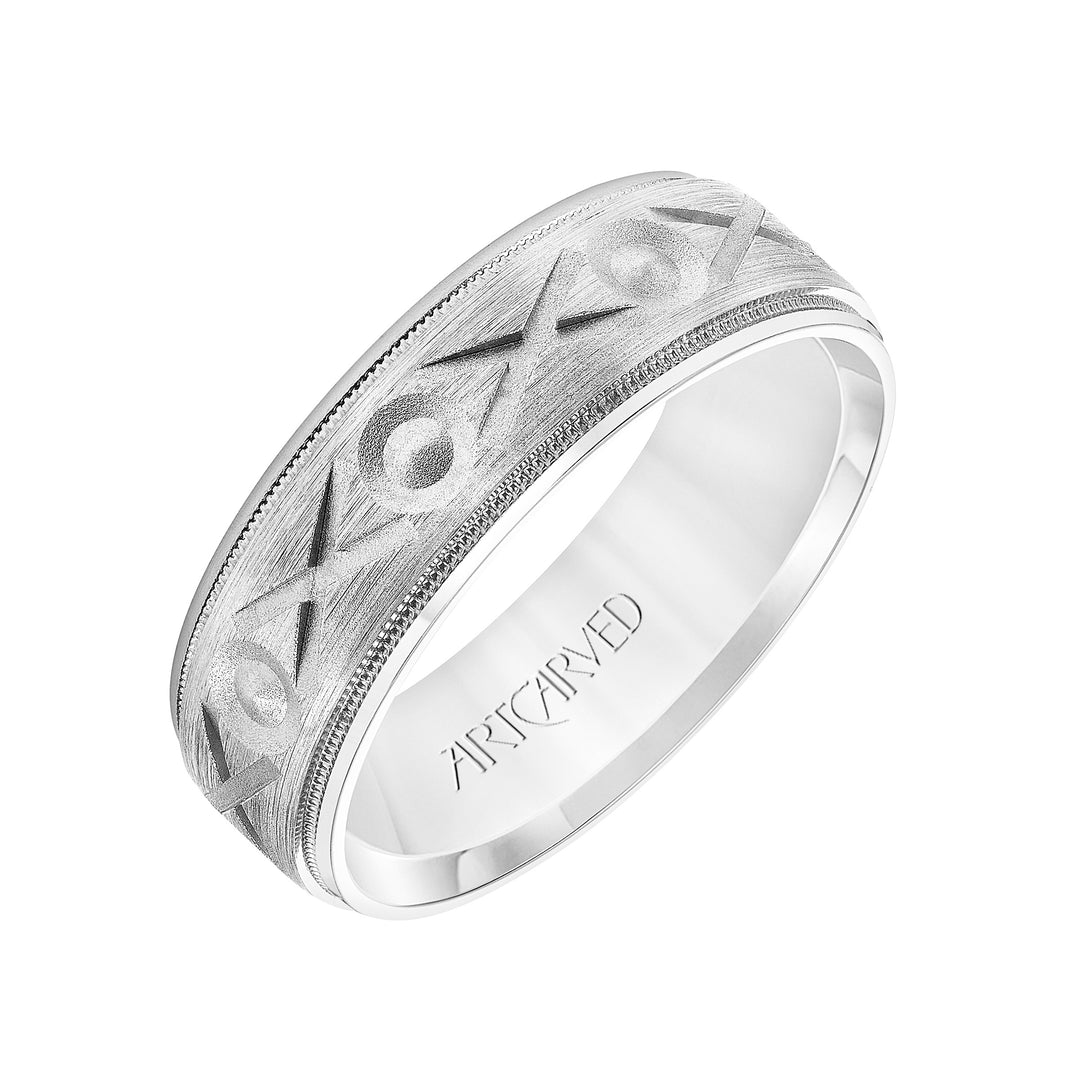 Mens Comfort Fit Wedding Band with Brushed Finish with Swiss Cut XO Design Center with Pearling Detail and Matte Round Edge