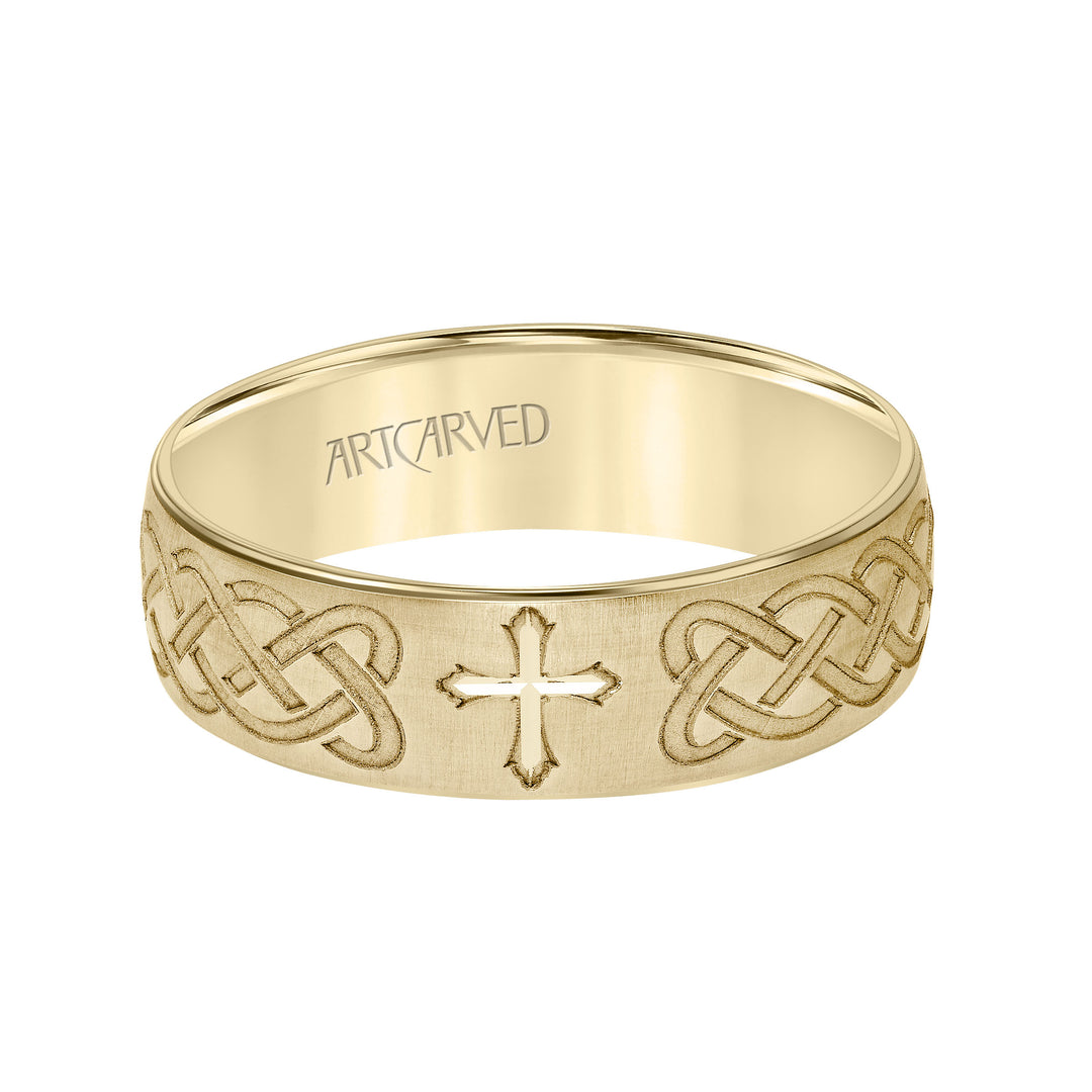 Low Dome Step Edge Carved Wedding Band