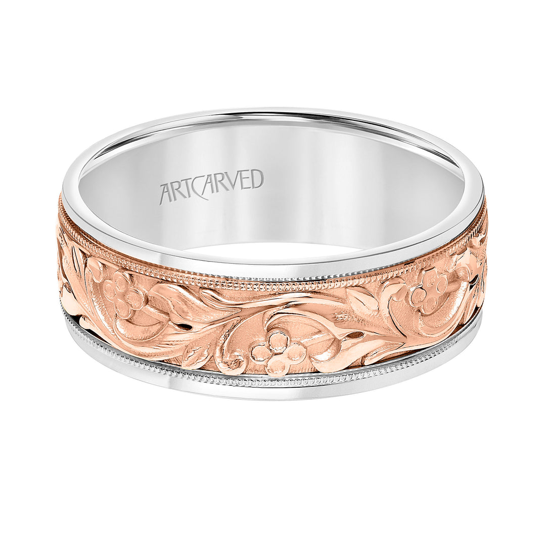 8MM Lyric Collection Mens Wedding Band - Milgrain Detail and Round Edge