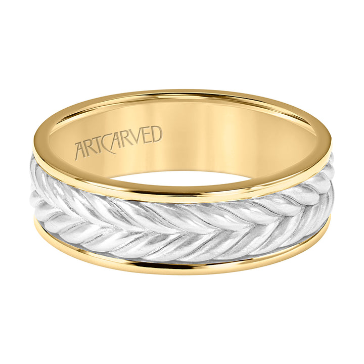 7MM Mens Wedding Band -  Brushed Finish with Braided Center Design and Round Edge