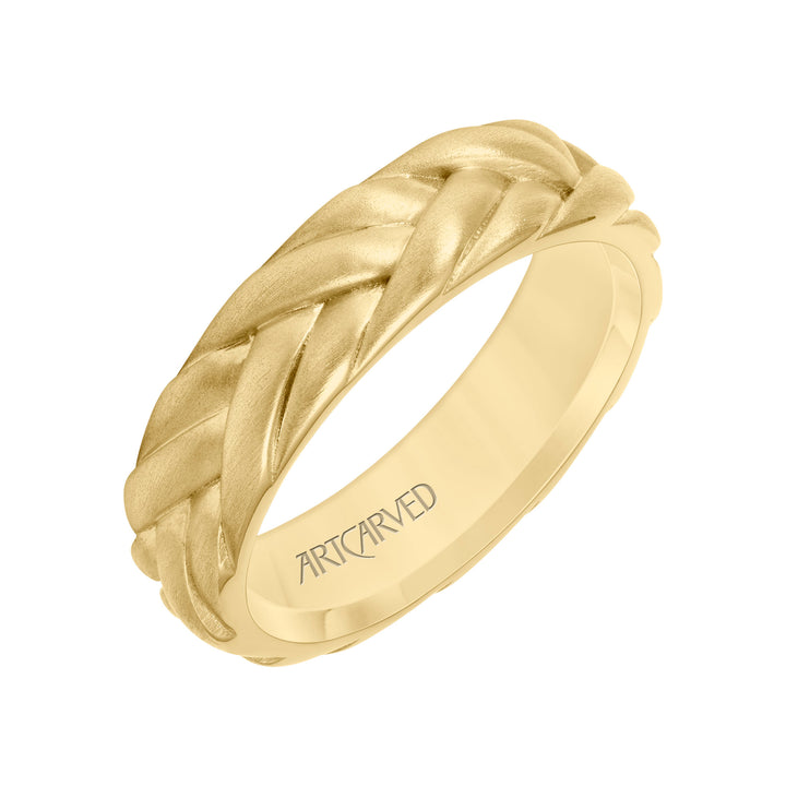 6MM Mens Wedding Band - Brush Finish with Braided Design and Flat Edge