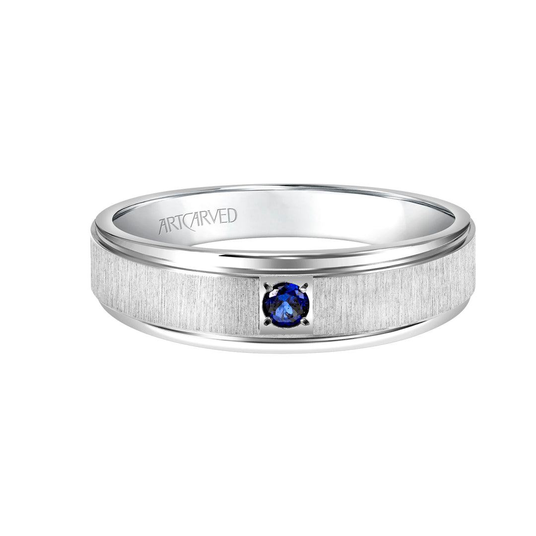 Comfort Fit wedding band with single sapphire, vertical brushed finish and bright, rolled edges.