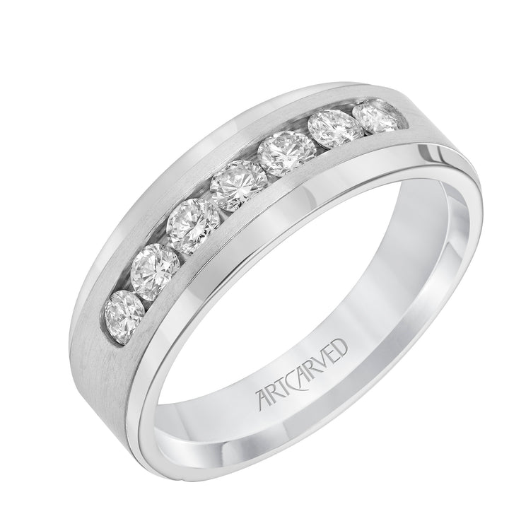 Channel Set Diamond Wedding Band with Beveled Edge and Tapered Band