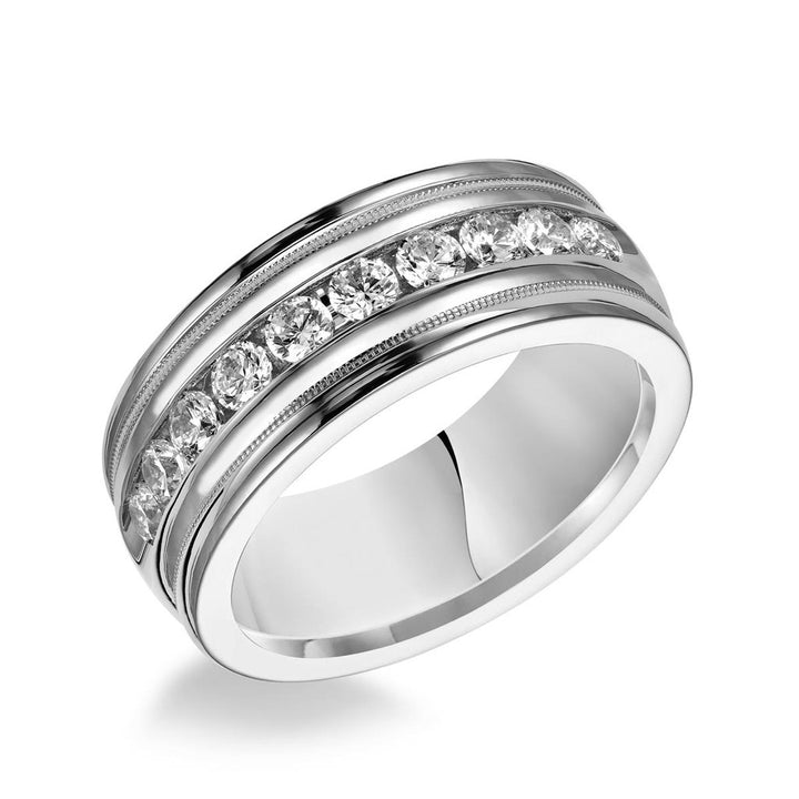 Traditional milgrain paired with a modern, bright finish, round edges and 10 stone channel set diamonds are the perfect combination for this exquisite, Comfort Fit, wedding band