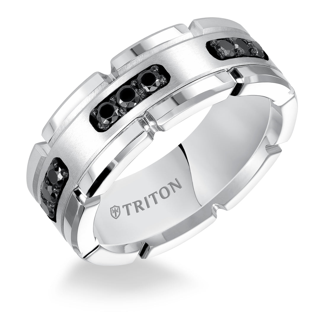 22-5252SHC-G.00 - Goldman - 8mm White Tungsten Carbide Ring with Black Diamond Satin Center and Link Edge