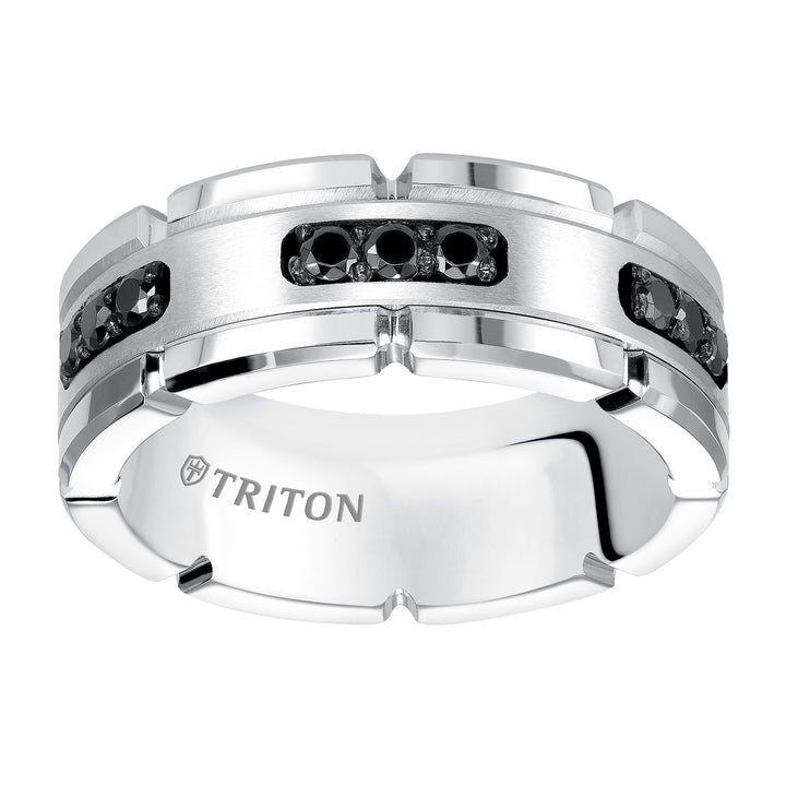 22-5252SHC-G.00 - Goldman - 8mm White Tungsten Carbide Ring with Black Diamond Satin Center and Link Edge