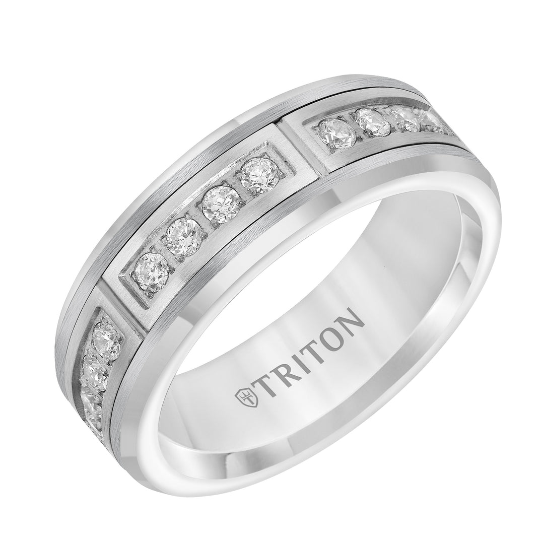7mm Comfort Fit White Tungsten Band with Channel Set Diamonds in Black PVD Coated Steel
