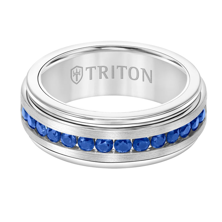 8mm White Tungsten Carbide Ring with Blue Sapphires Channel Set Silver Satin Finish