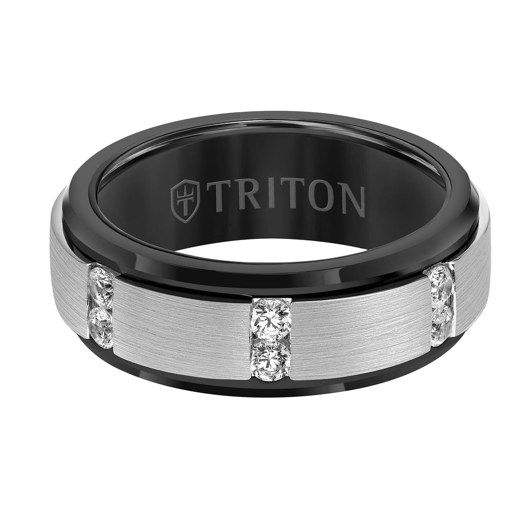 8MM Espresso Tungsten Diamond Ring - Vertical Channel Set Silver Satin Finish and Bevel Edge