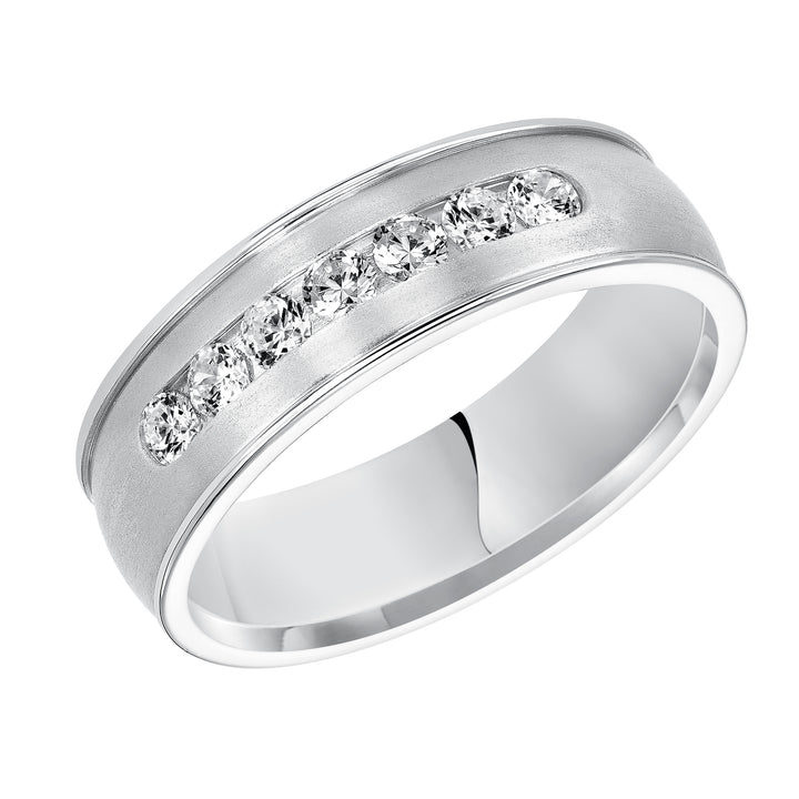 Distinct yet timeless, this low-domed, Comfort Fit, 7 stone diamond wedding band features satin finish with round edges