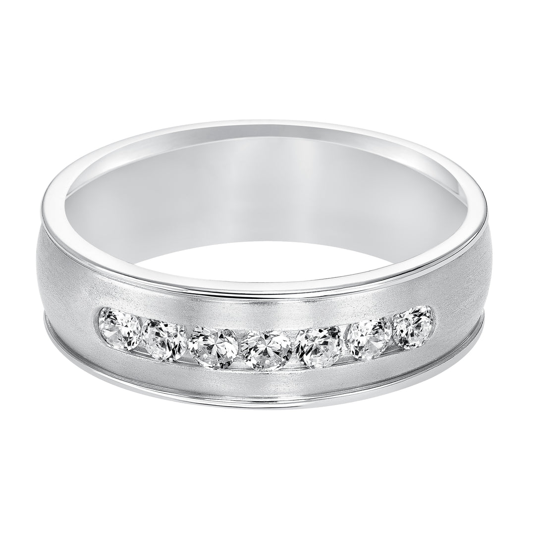 Distinct yet timeless, this low-domed, Comfort Fit, 7 stone diamond wedding band features satin finish with round edges