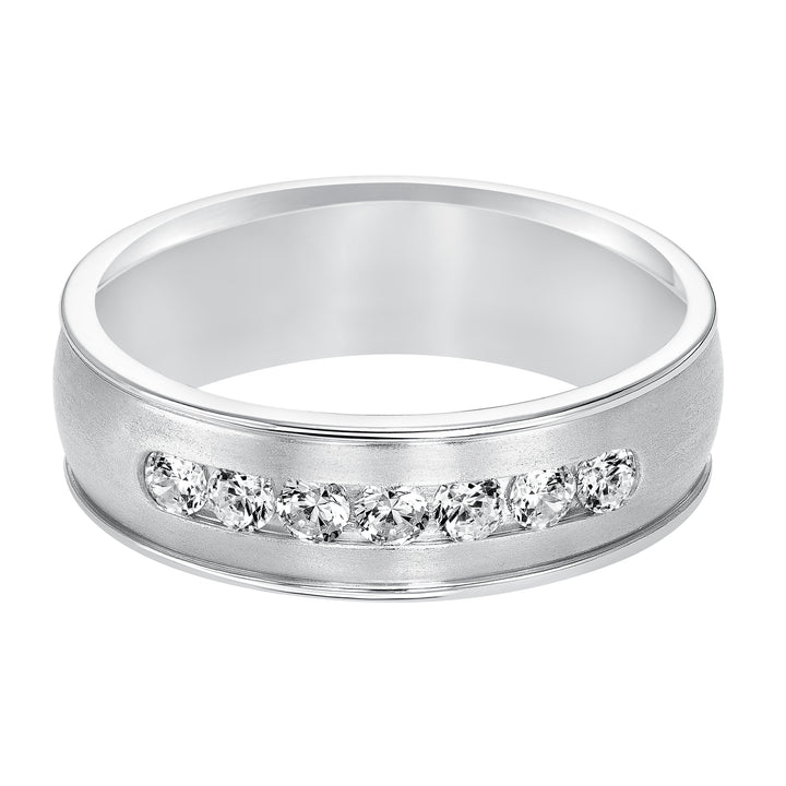 Distinct yet timeless, this low-domed, Comfort Fit, 7 stone diamond wedding band features satin finish with round edges