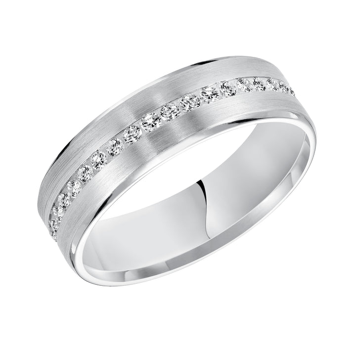 An Exquisite Row Diamonds Satin Finish and Rolled Edges Perfect the Luxurious Design of this Comfort Fit Wedding Band