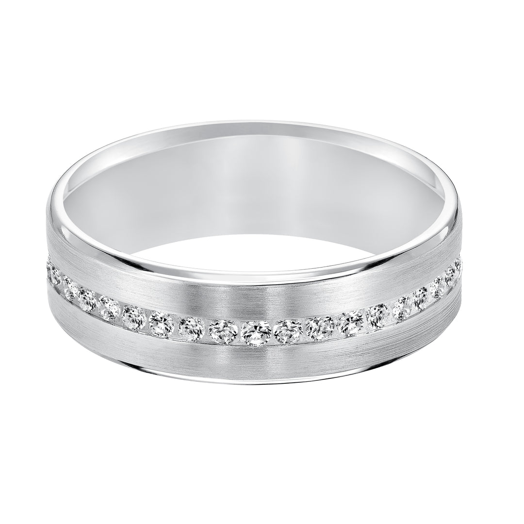 An Exquisite Row Diamonds Satin Finish and Rolled Edges Perfect the Luxurious Design of this Comfort Fit Wedding Band