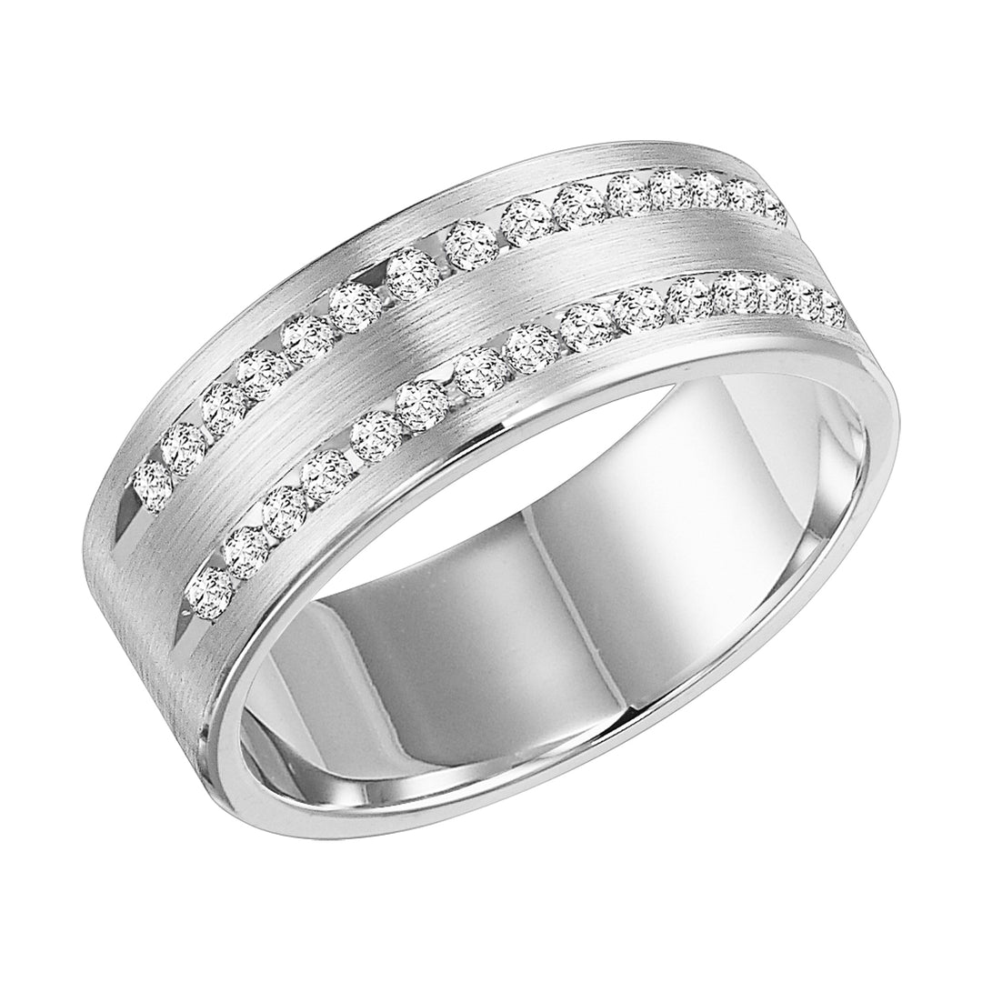 This 2 row, 30 stone diamond wedding band is Comfort Fit and features a satin finish and rolled edges for a grand look sure to make a statement
